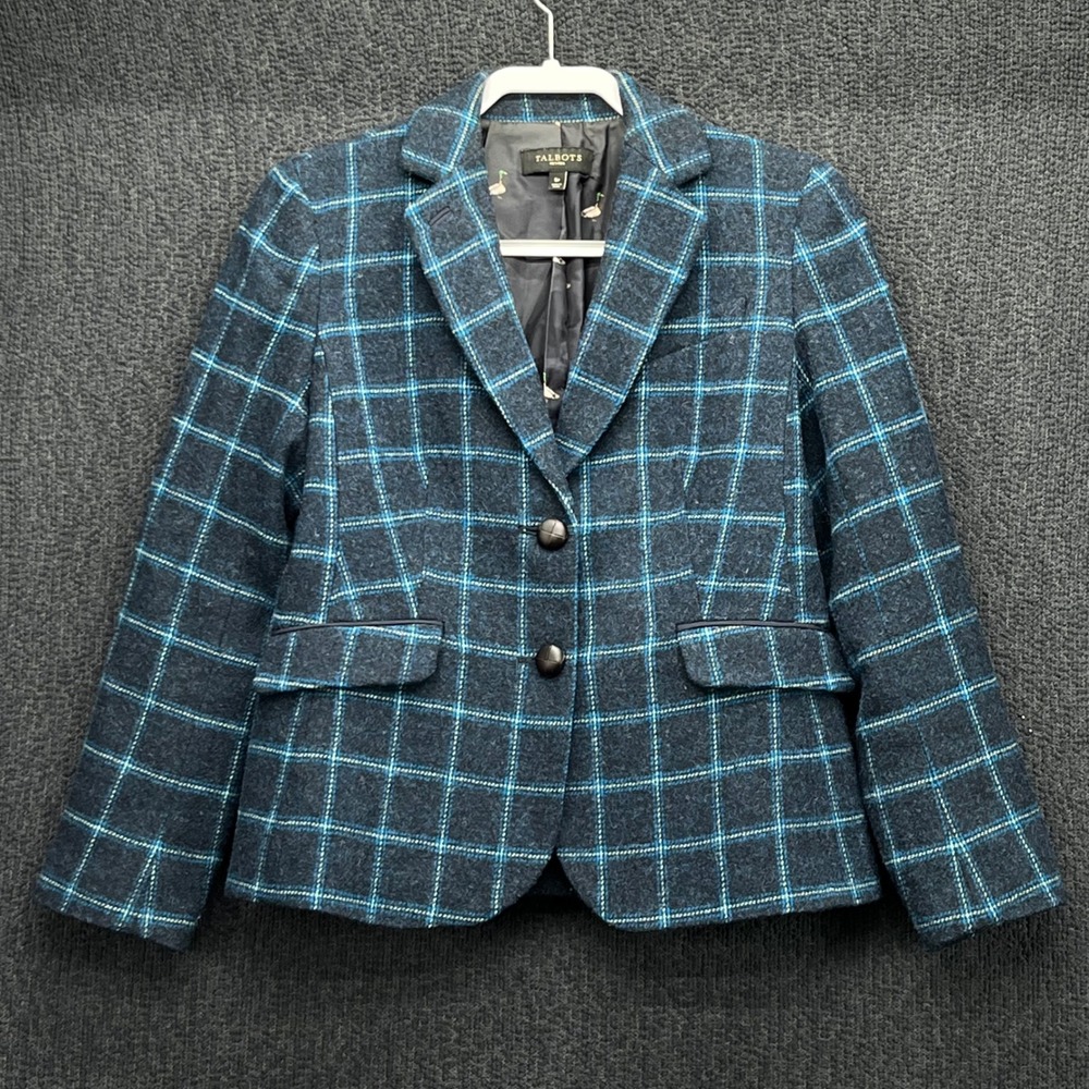 Talbots Petites Wool Blend Plaid Blazer Navy Turquoise Duck Lining 8P